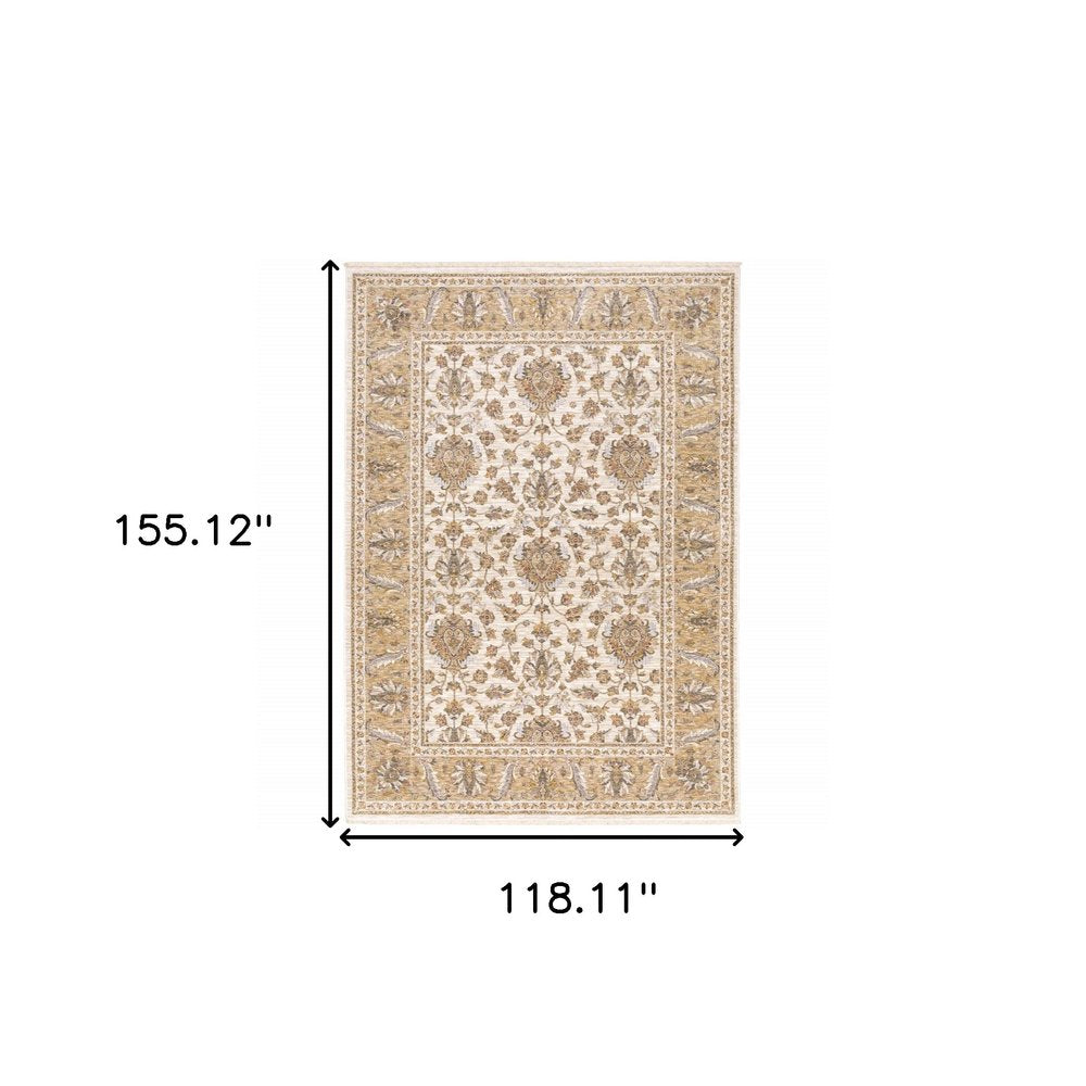 10' X 13' Ivory And Gold Oriental Area Rug With Fringe