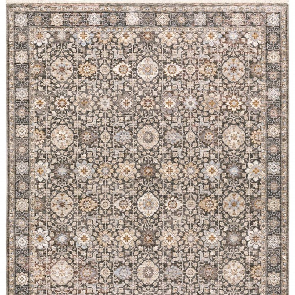 2' X 3' Grey And Ivory Oriental Power Loom Stain Resistant Area Rug With Fringe