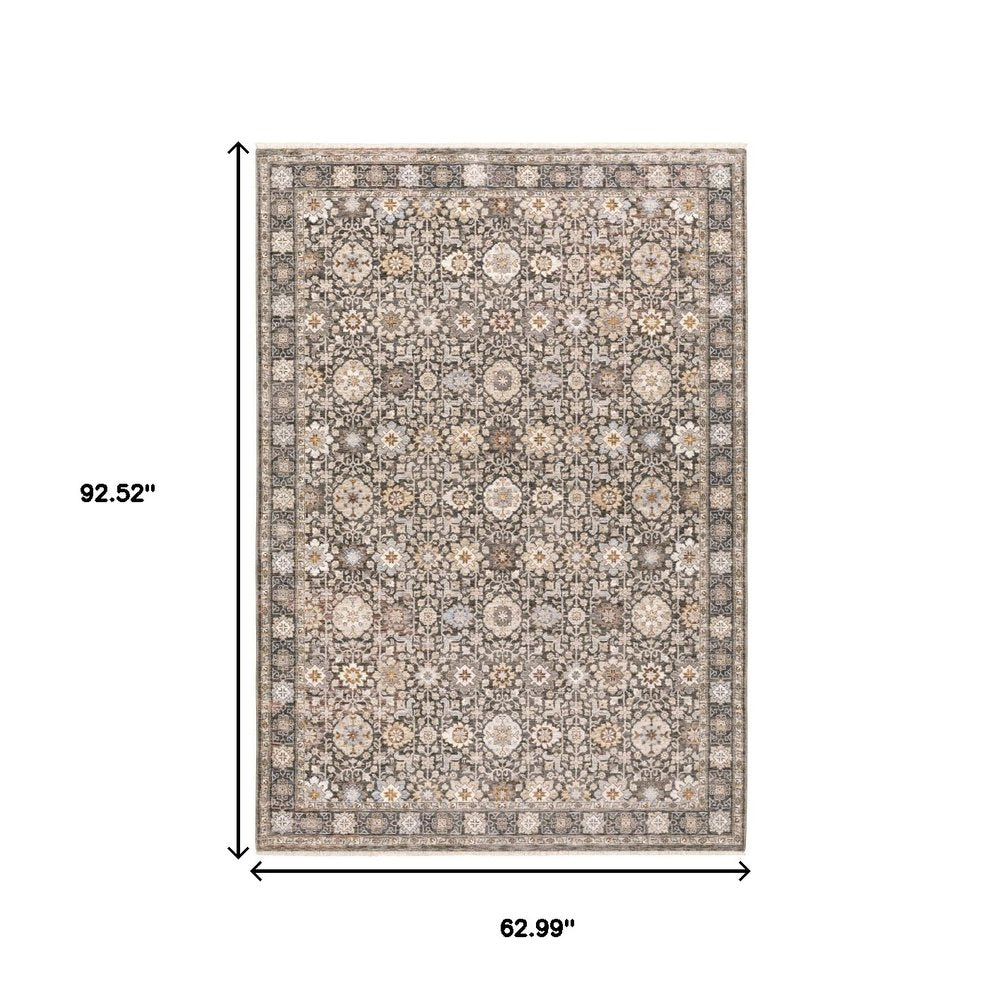 5' X 8' Charcoal And Ivory Oriental Area Rug With Fringe