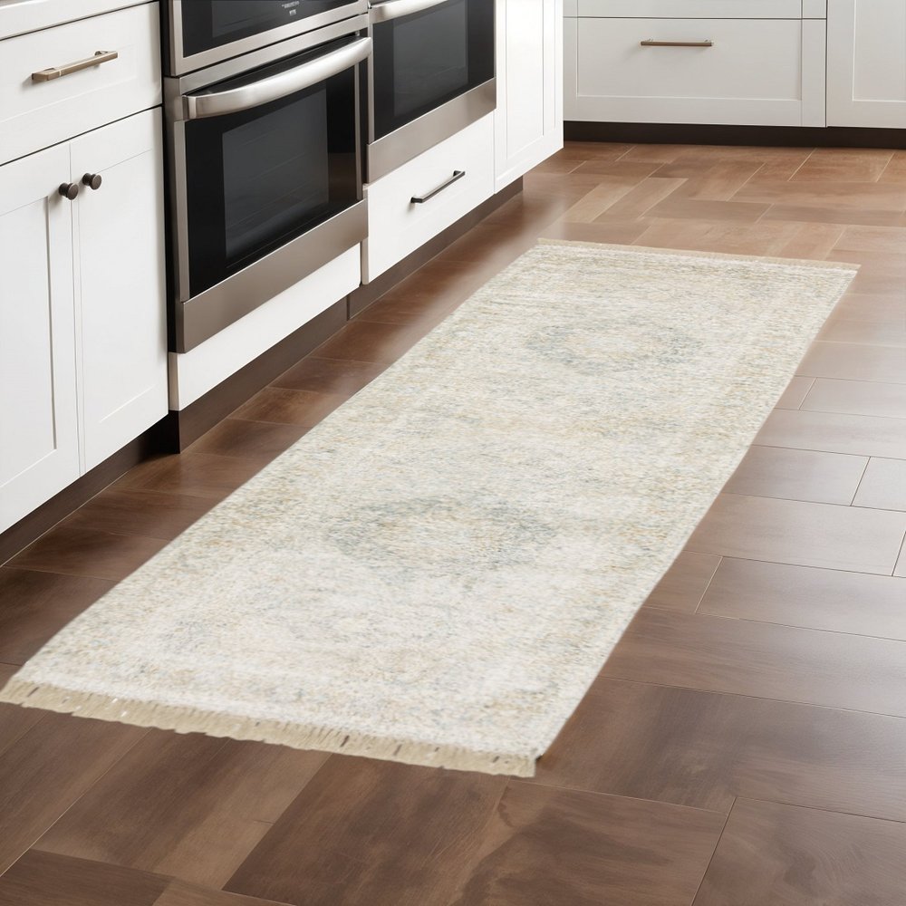 8' Beige and Ivory Oriental Hand Loomed Runner Rug With Fringe