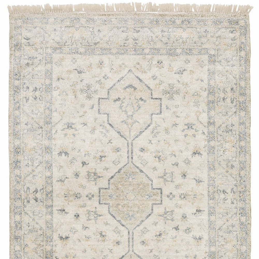 10' X 13' Beige And Charcoal Oriental Hand Loomed Distressed Area Rug With Fringe