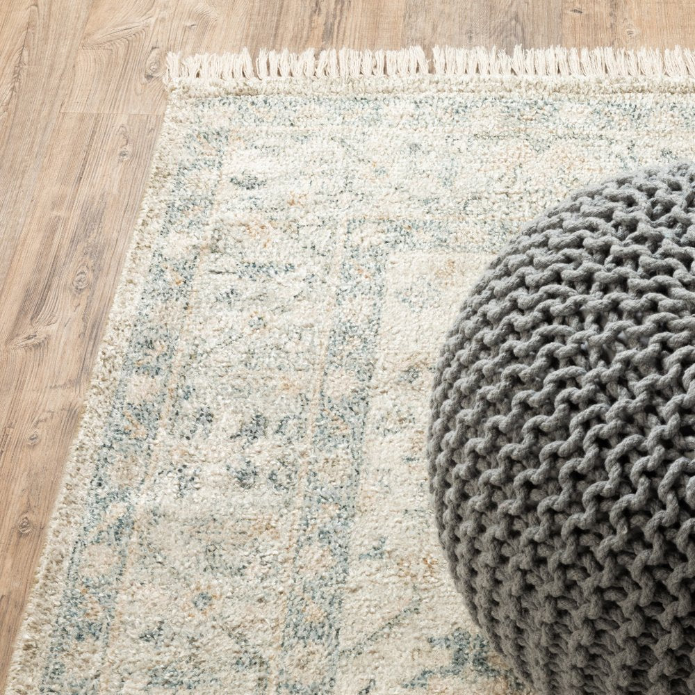 10' X 13' Beige And Charcoal Oriental Hand Loomed Distressed Area Rug With Fringe