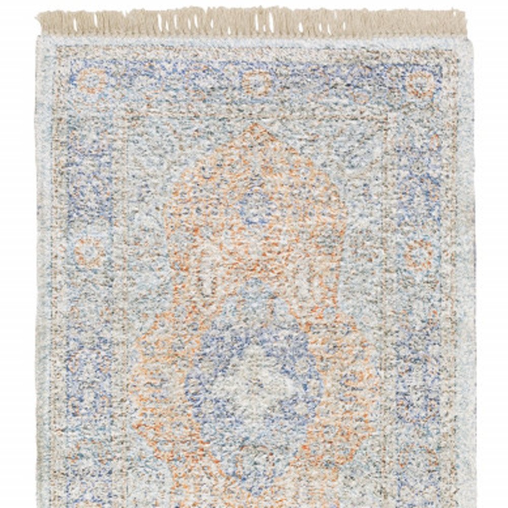 8' Blue And Red Oriental Hand Loomed Distressed Runner Rug With Fringe