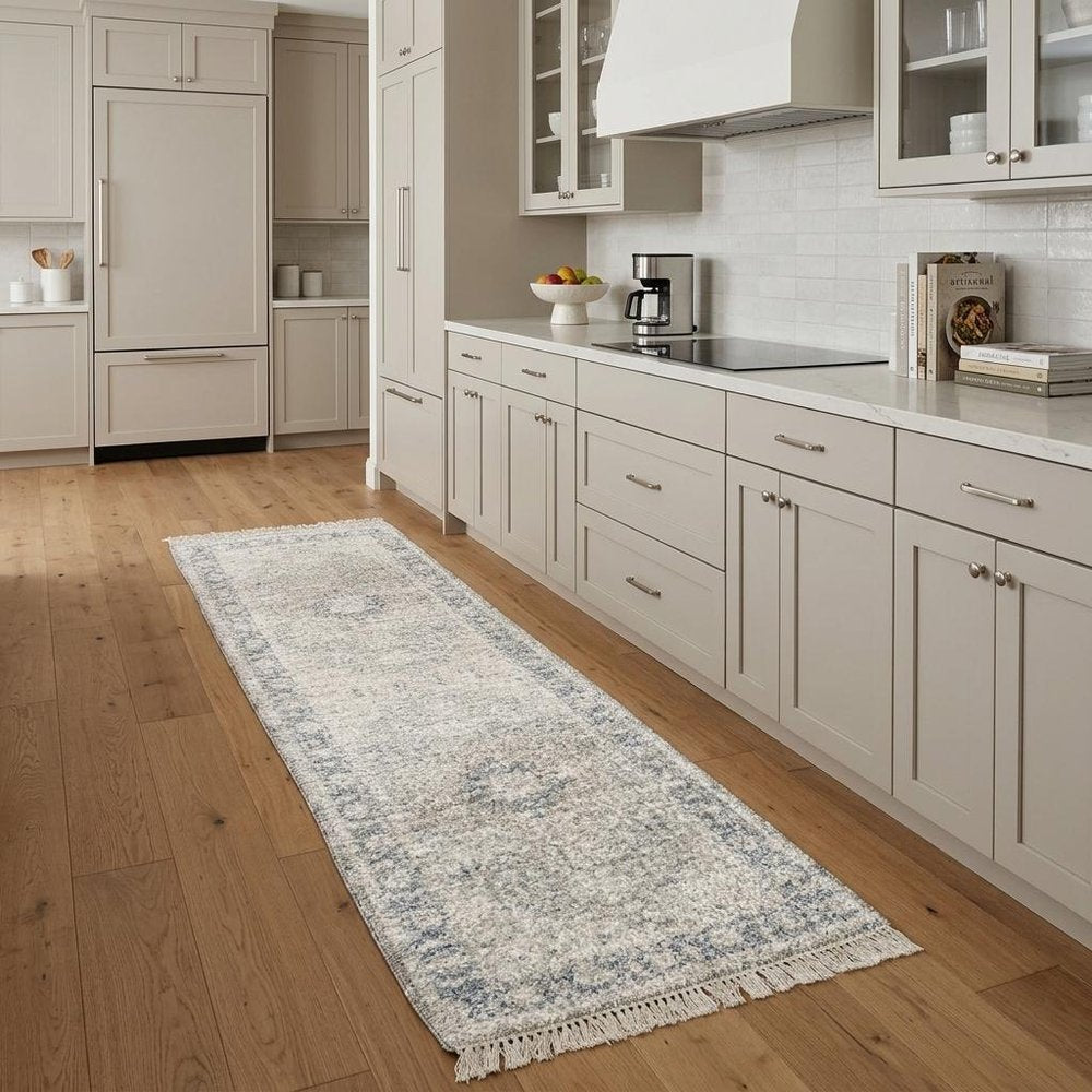8' Beige And Gray Oriental Hand Loomed Distressed Runner Rug With Fringe