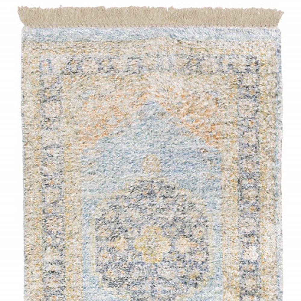 8' Blue And Beige Oriental Hand Loomed Distressed Runner Rug With Fringe