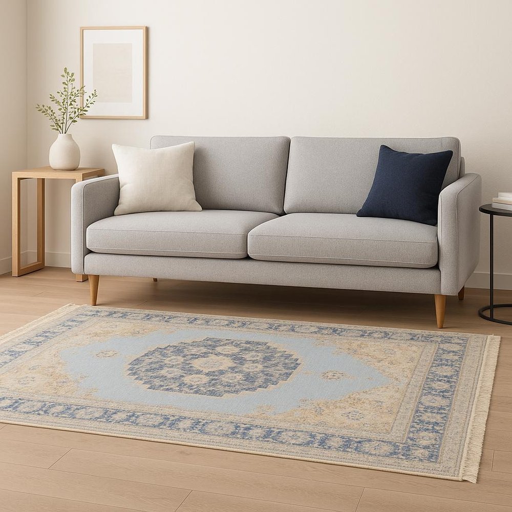 8' X 10' Blue And Beige Oriental Hand Loomed Stain Resistant Area Rug With Fringe