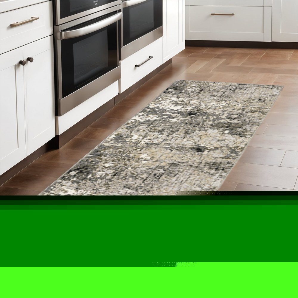 2' X 8' Grey Ivory Beige Charcoal Black Tan And Brown Abstract Power Loom Stain Resistant Runner Rug