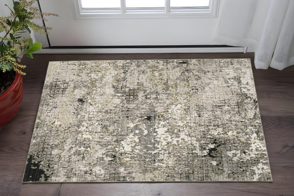 3' X 5' Grey Ivory Beige Charcoal Black Tan And Brown Abstract Power Loom Stain Resistant Area Rug