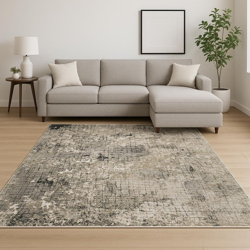 8' X 11' Grey Ivory Beige Charcoal Black Tan And Brown Abstract Power Loom Stain Resistant Area Rug