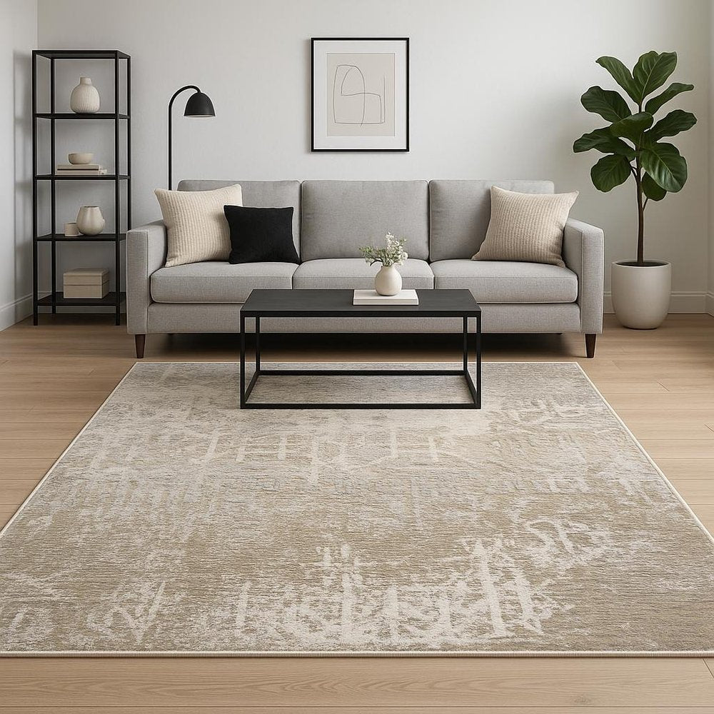 10' X 13' Ivory Grey Tan Brown And Beige Abstract Power Loom Stain Resistant Area Rug