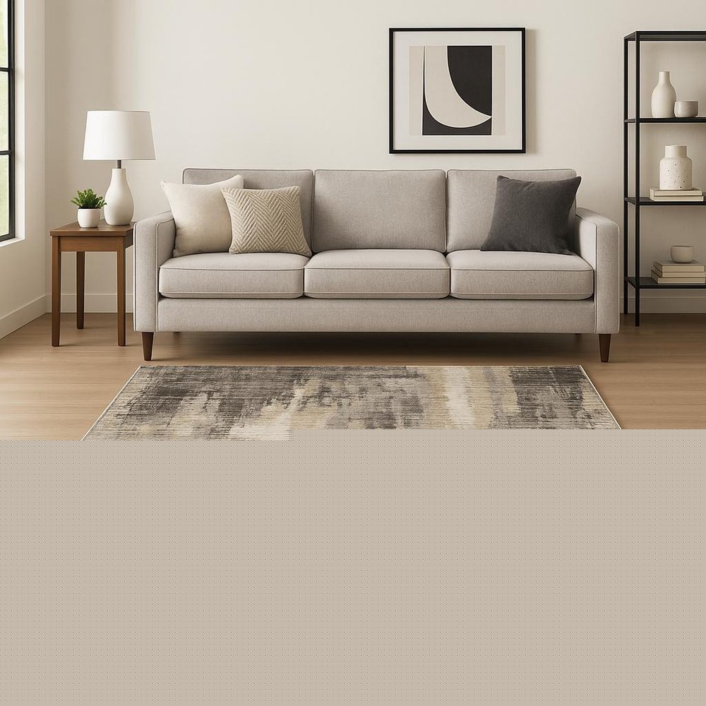 8' X 11' Grey Beige Charcoal Brown Tan And Ivory Abstract Power Loom Stain Resistant Area Rug