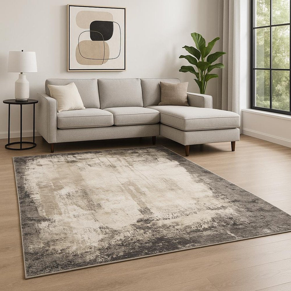10' X 13' Grey Ivory Charcoal Tan Black And Beige Abstract Power Loom Stain Resistant Area Rug