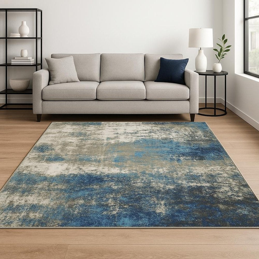10' X 13' Blue Grey And Beige Abstract Power Loom Stain Resistant Area Rug