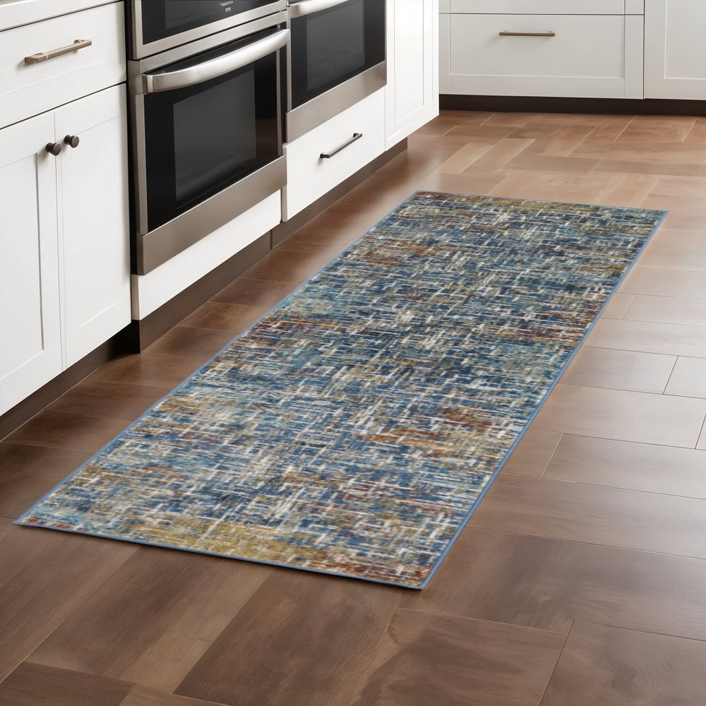 2' X 8' Blue Teal Gold Rust And Beige Abstract Power Loom Stain Resistant Runner Rug