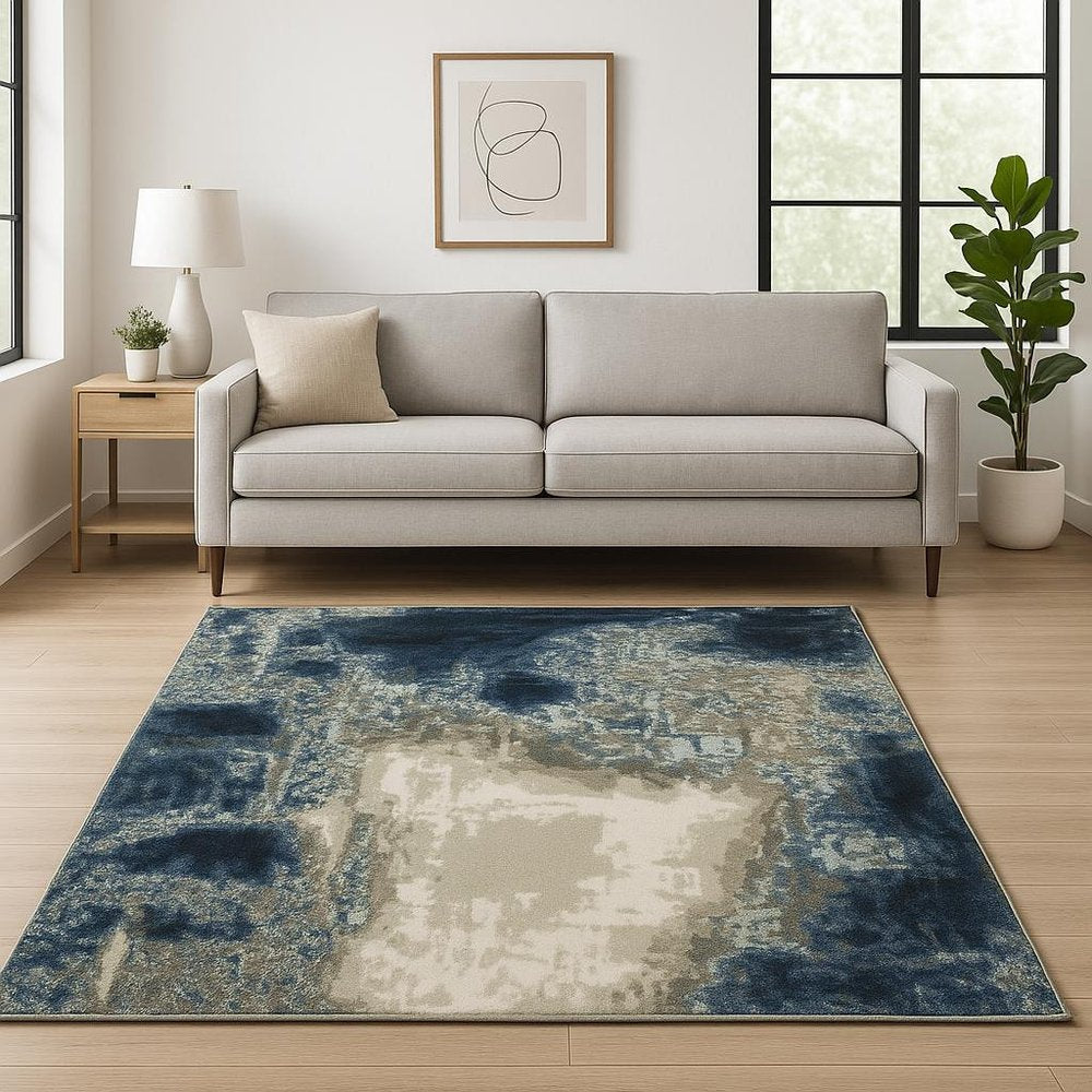 10' X 13' Blue Grey Charcoal And Beige Abstract Power Loom Stain Resistant Area Rug