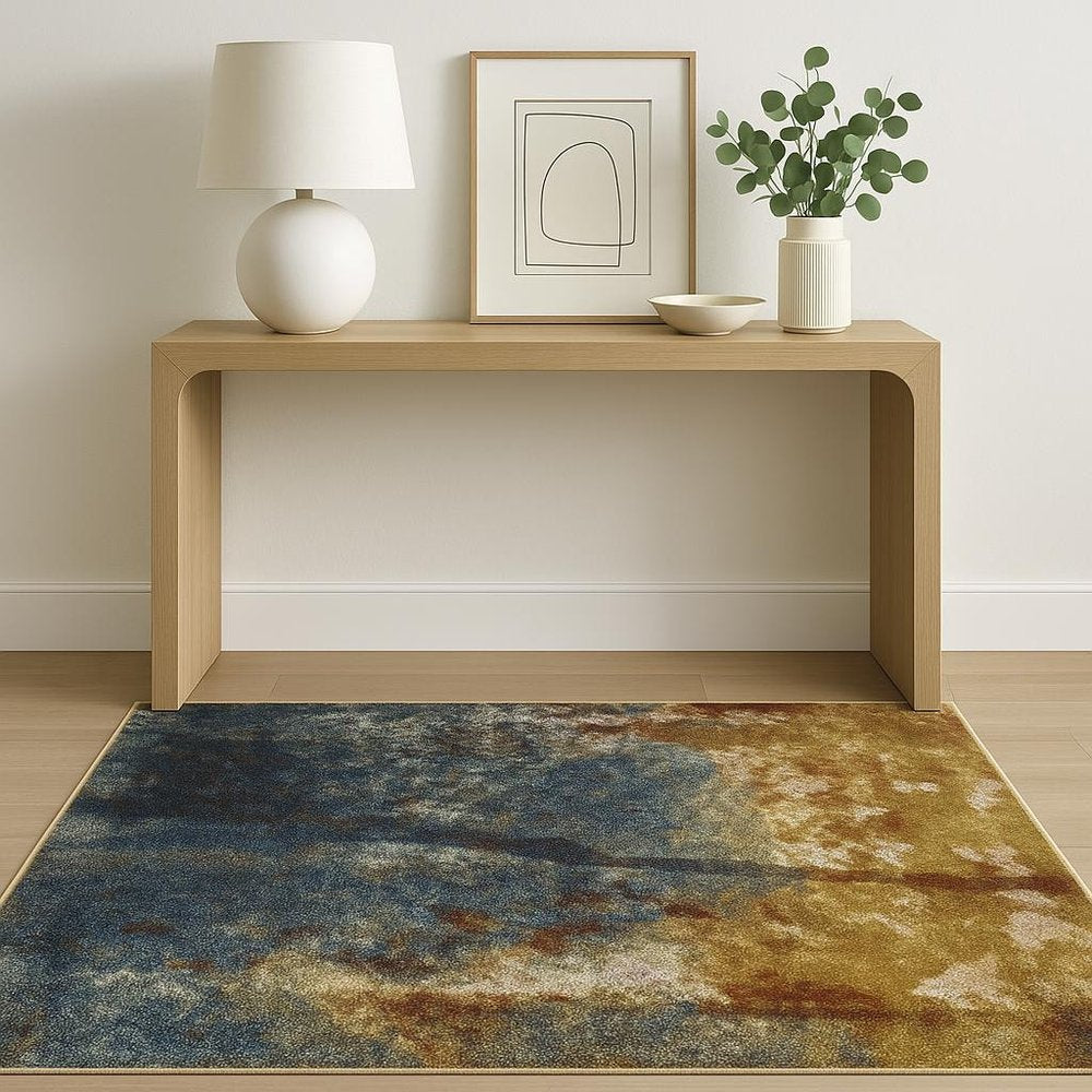 4' X 6' Blue Gold Teal Rust Grey And Beige Abstract Power Loom Stain Resistant Area Rug