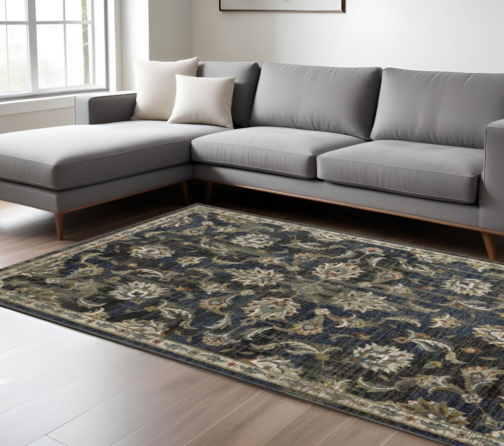 7' X 9' Charcoal And Blue Oriental Distressed Area Rug