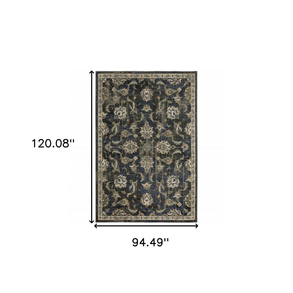 8' X 10' Charcoal And Blue Oriental Distressed Area Rug