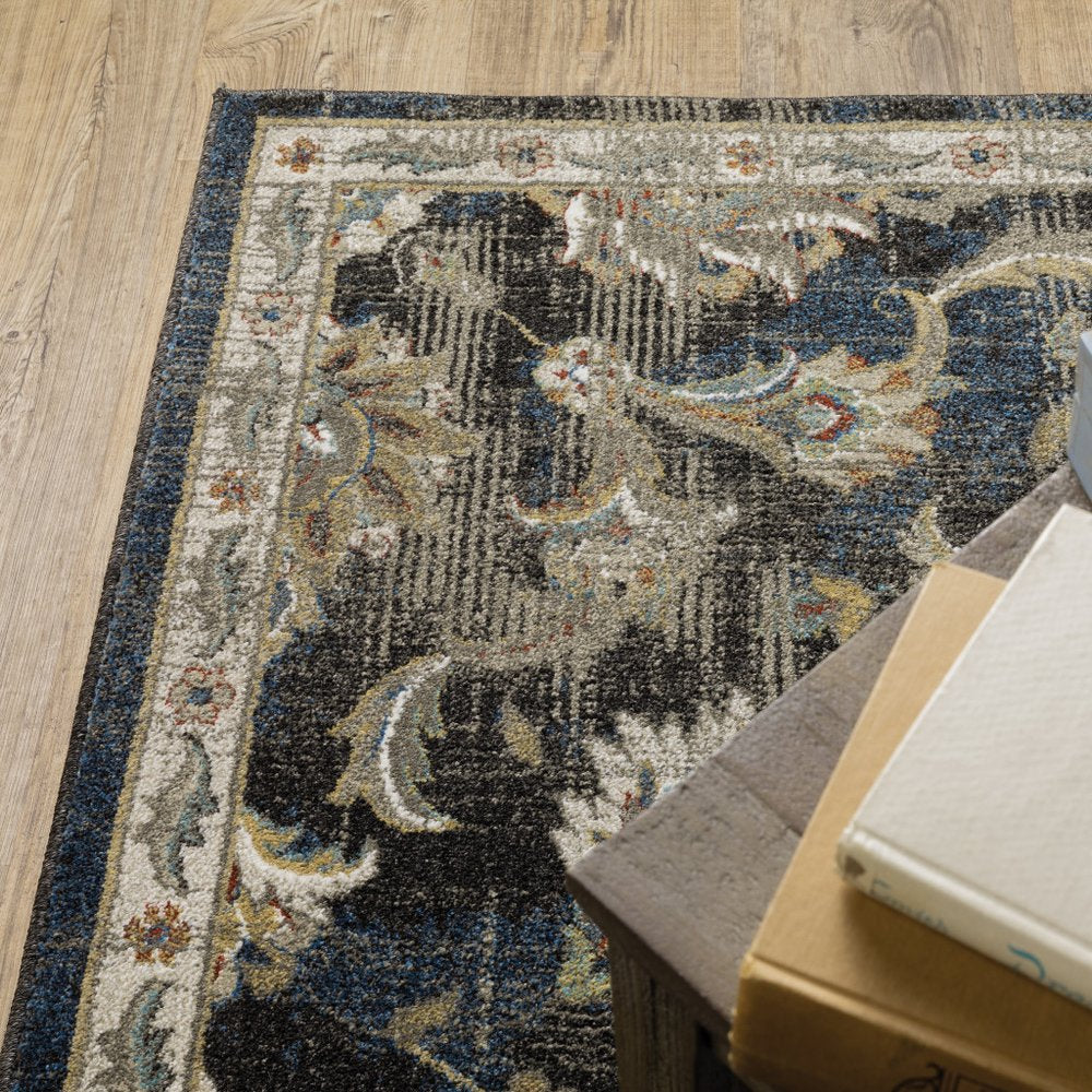 8' X 10' Charcoal And Blue Oriental Distressed Area Rug
