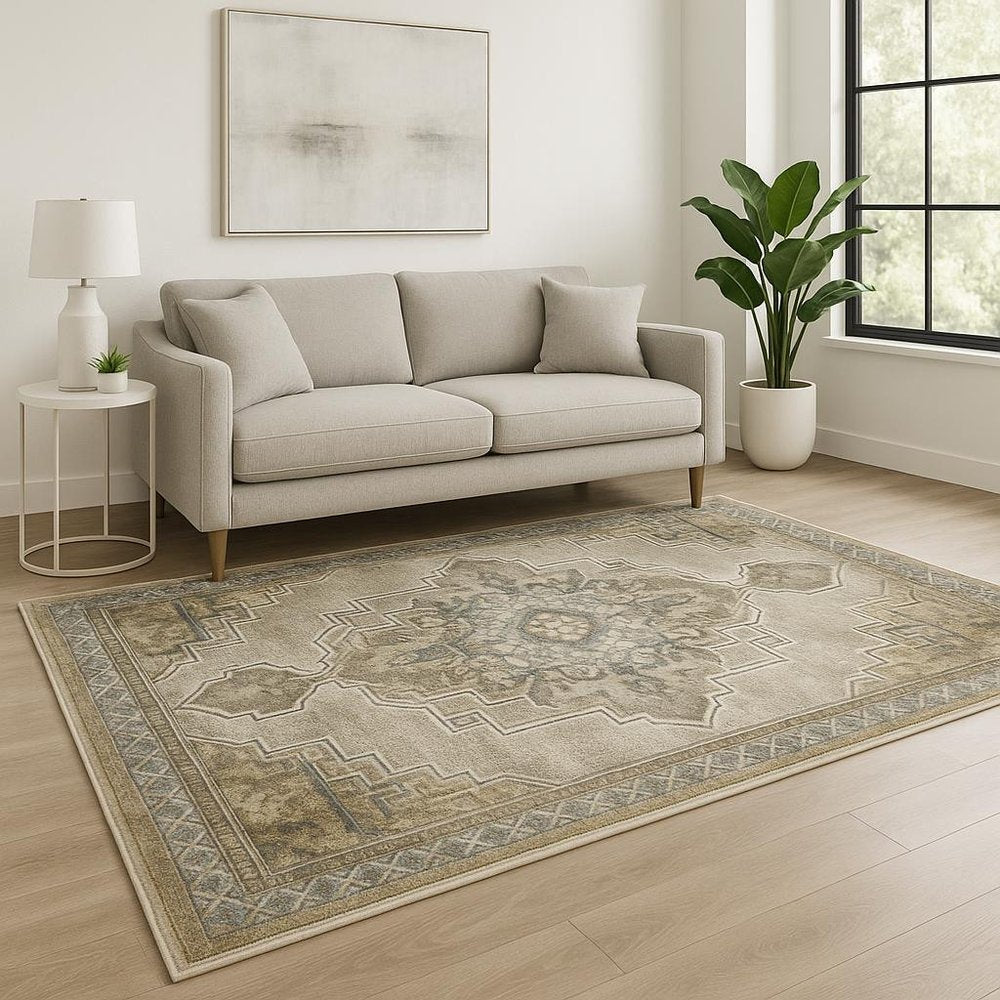 10' X 13' Grey Blue Beige And Gold Oriental Power Loom Stain Resistant Area Rug