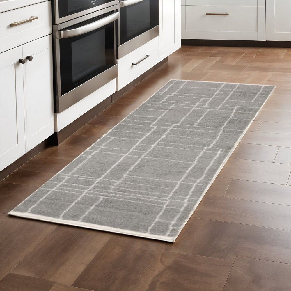 2' X 8' Grey And Ivory Geometric Shag Power Loom Stain Resistant Runner Rug