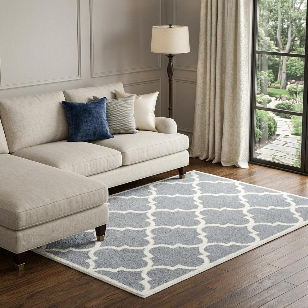 8' X 11' Gray And Ivory Geometric Shag Area Rug