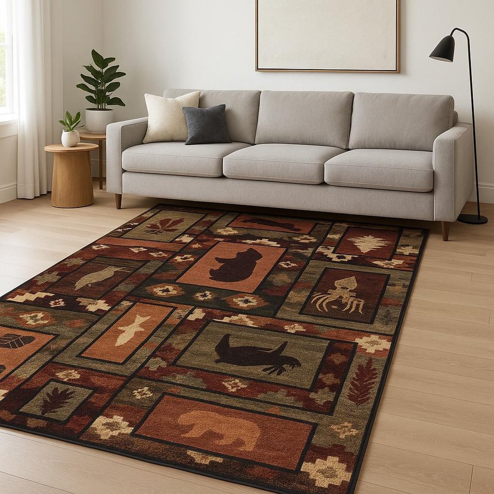 8' X 10' Brown Rust Berry Sage Green Gold And Ivory Southwestern Power Loom Stain Resistant Area Rug