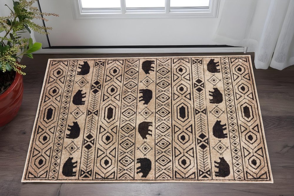 2' X 3' Ivory And Black Southwestern Power Loom Stain Resistant Area Rug