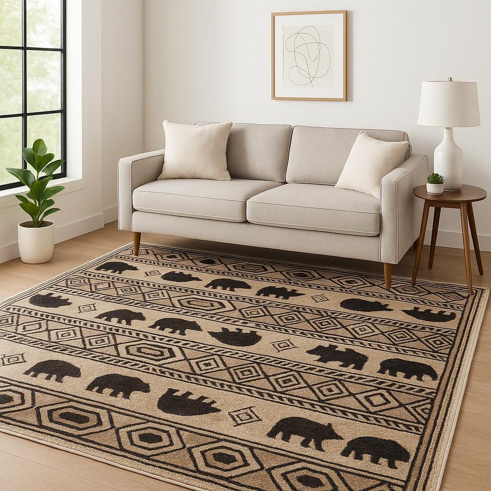 5' X 7' Ivory And Black Southwestern Power Loom Stain Resistant Area Rug