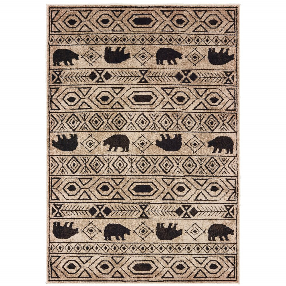 7' X 9' Ivory And Black Southwestern Area Rug