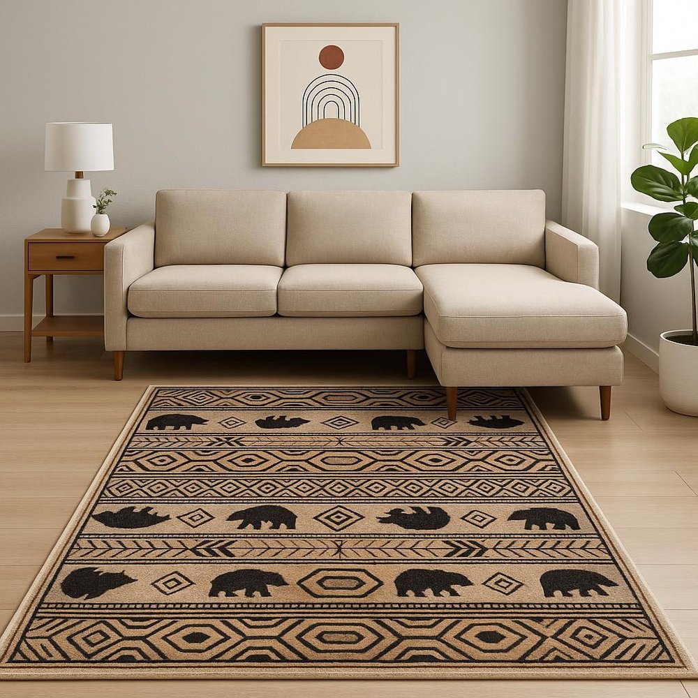 10' X 13' Ivory And Black Southwestern Power Loom Stain Resistant Area Rug