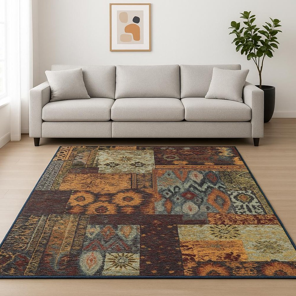 10' X 13' Blue and Gold Abstract Power Loom Area Rug