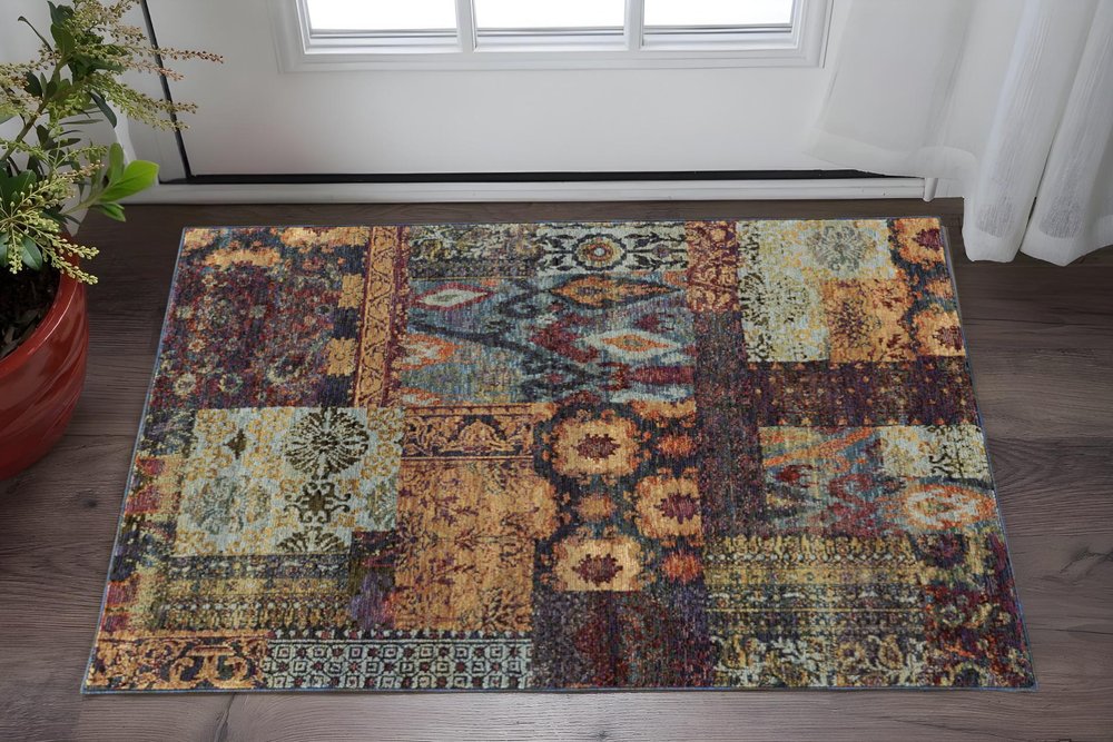 2' X 3' Blue and Gold Abstract Power Loom Area Rug