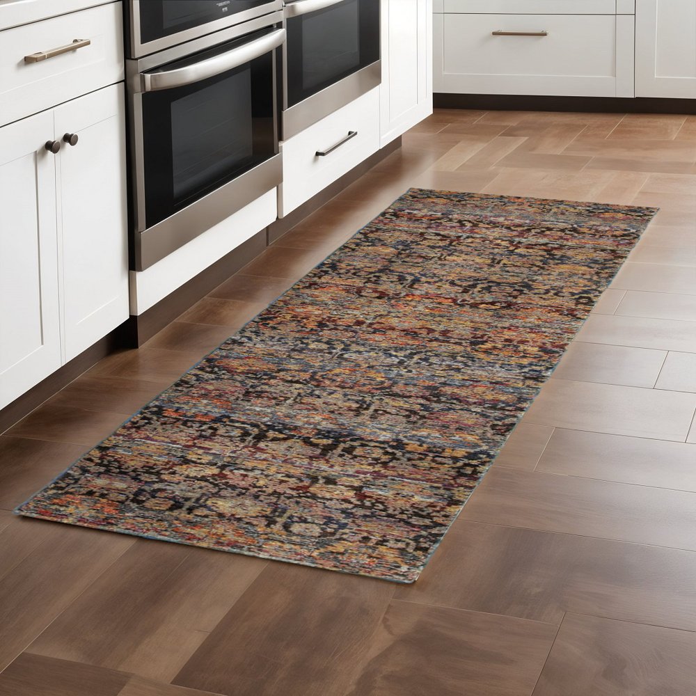 8' Blue And Ivory Abstract Runner Rug