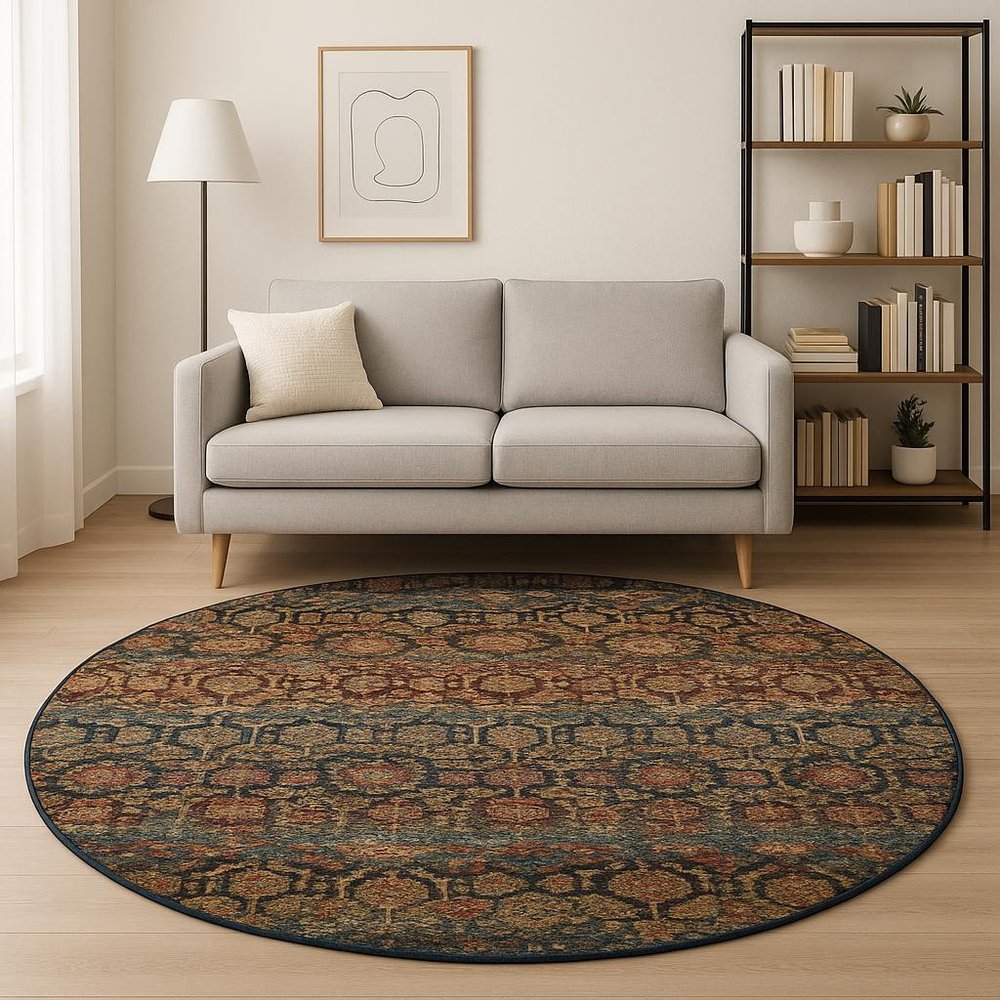 8' Blue and Ivory Round Abstract Power Loom Area Rug