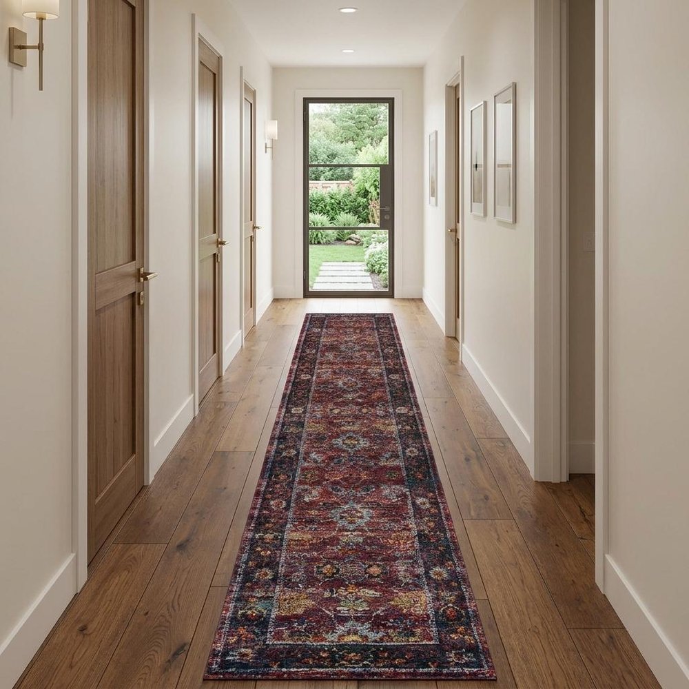 12' Red Purple And Gold Oriental Runner Rug