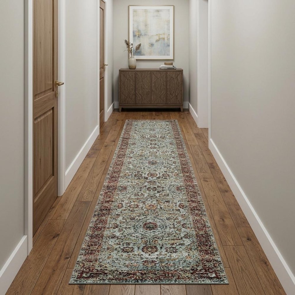12' Blue And Red Oriental Runner Rug