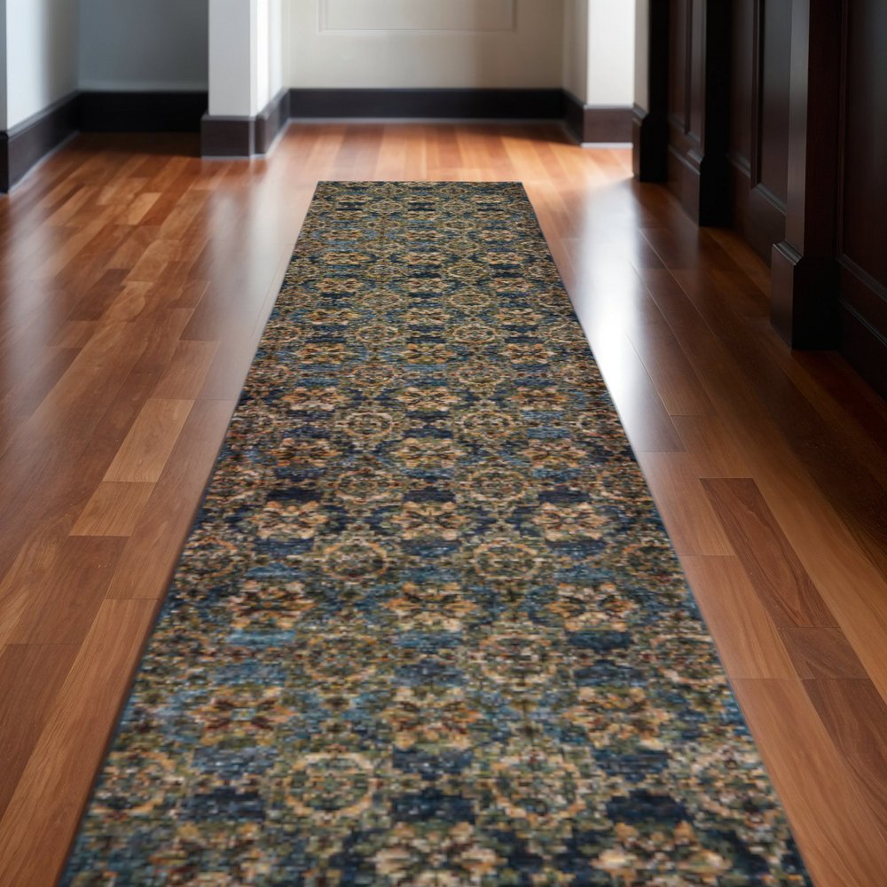 12' Blue And Gold Oriental Runner Rug