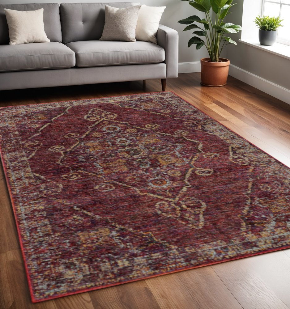 5' X 7' Red and Gold Oriental Power Loom Area Rug