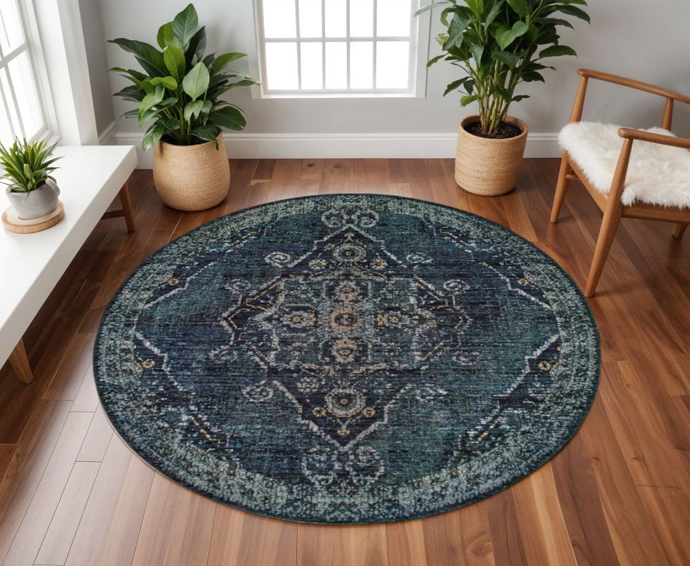 8' Blue and Black Round Oriental Power Loom Area Rug
