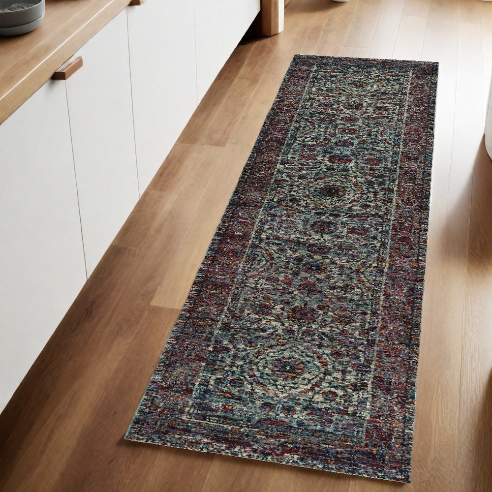 8' Blue And Purple Oriental Runner Rug