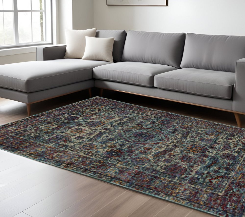 7' X 10' Blue and Purple Oriental Power Loom Area Rug