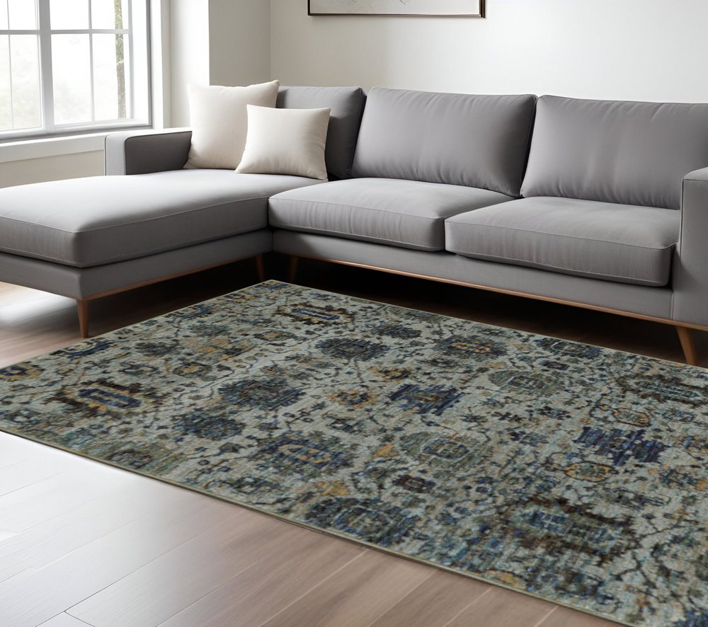 10' X 13' Blue Green Oriental Power Loom Area Rug