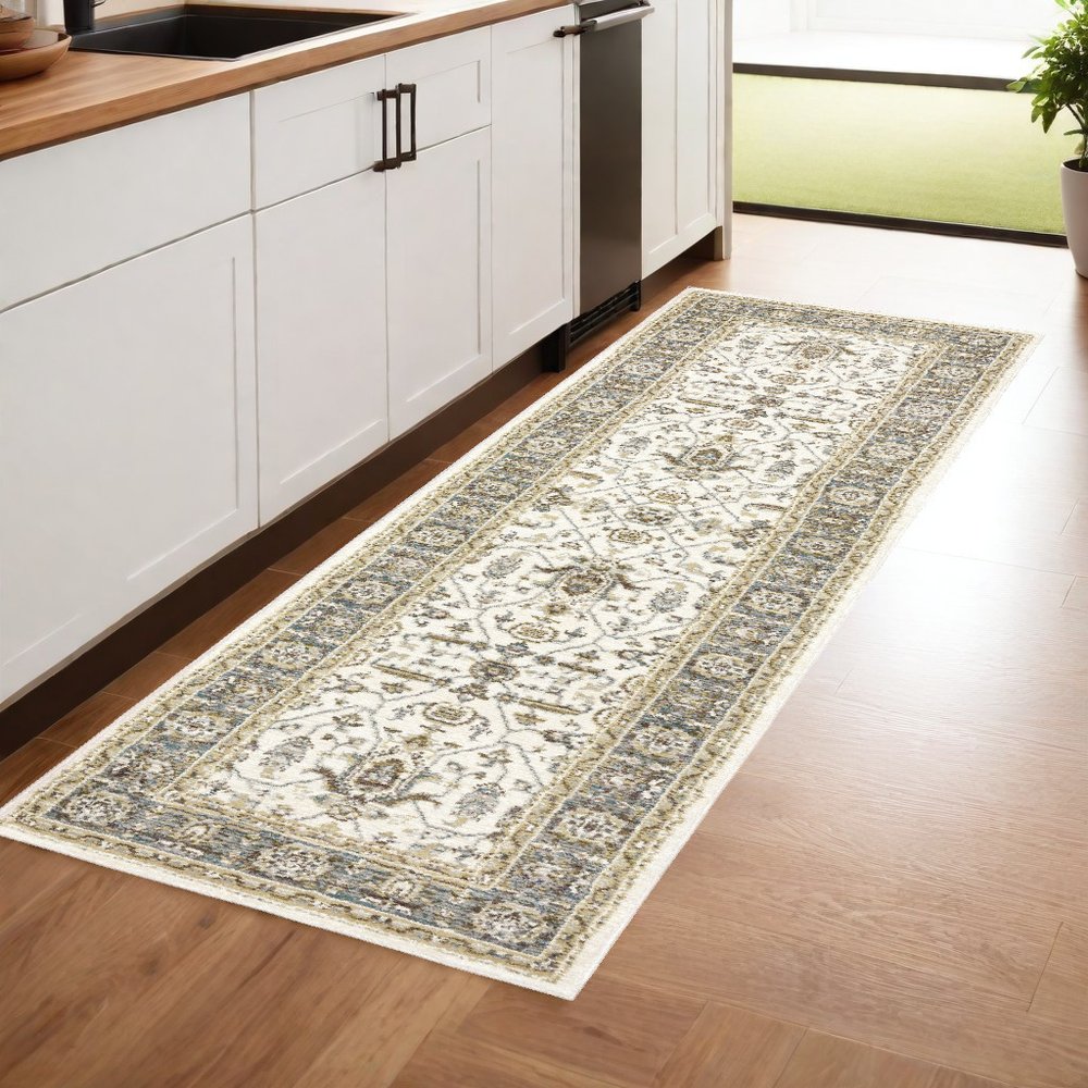 8' Ivory And Blue Oriental Runner Rug