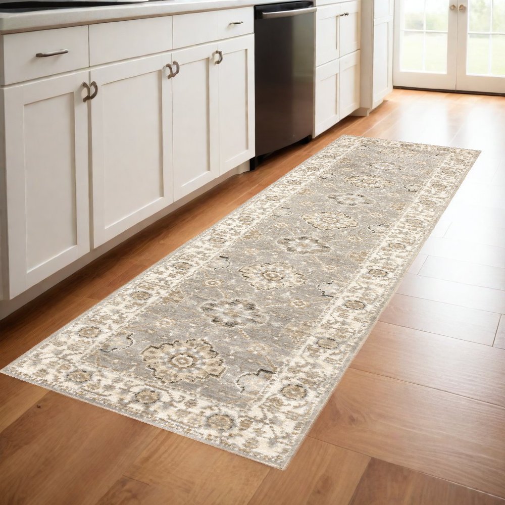 8' Gray And Ivory Oriental Runner Rug
