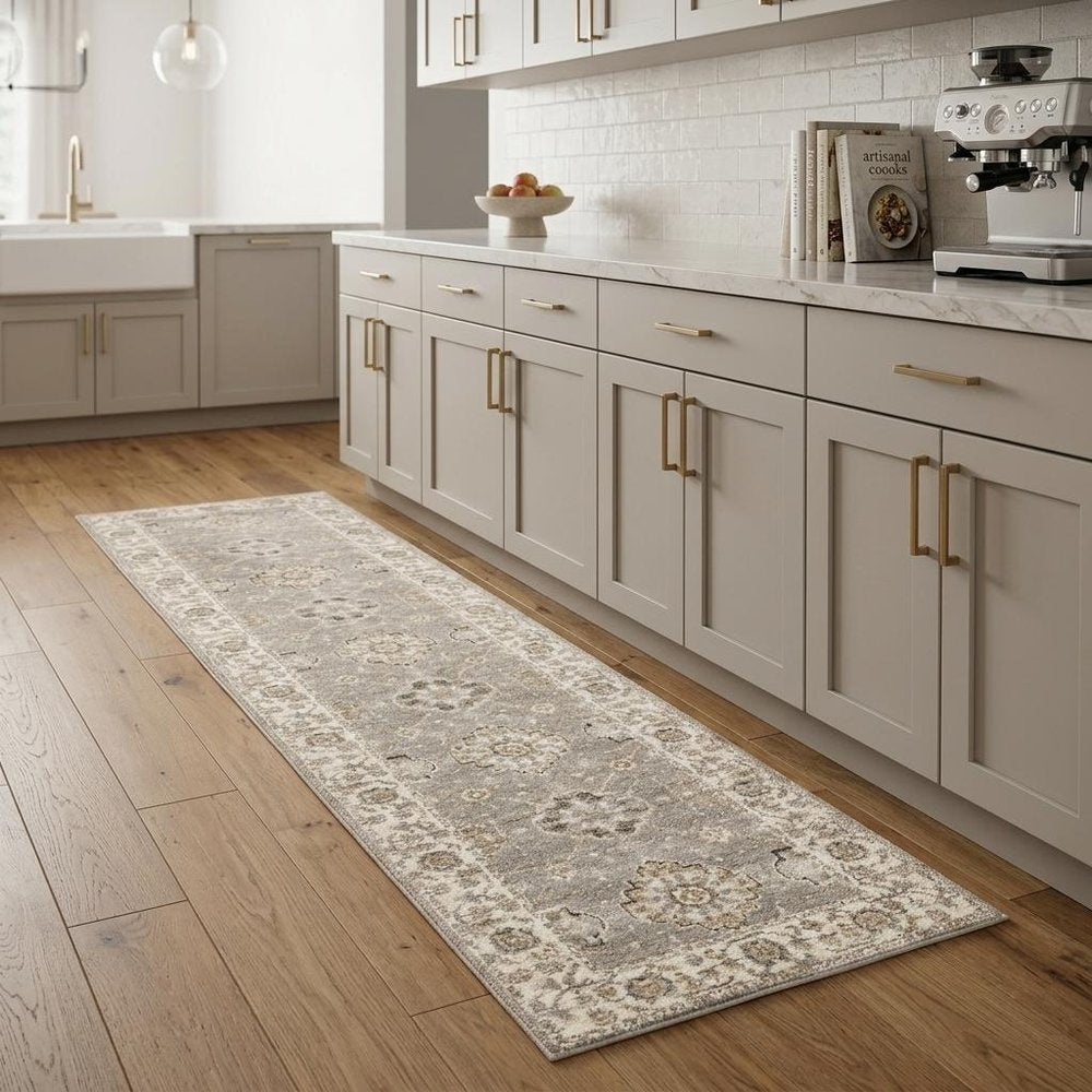 8' Gray And Ivory Oriental Runner Rug
