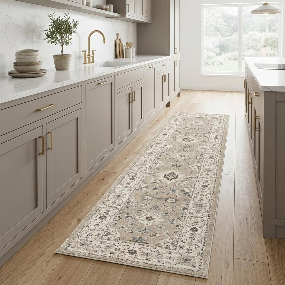 8' Beige And Ivory Oriental Runner Rug