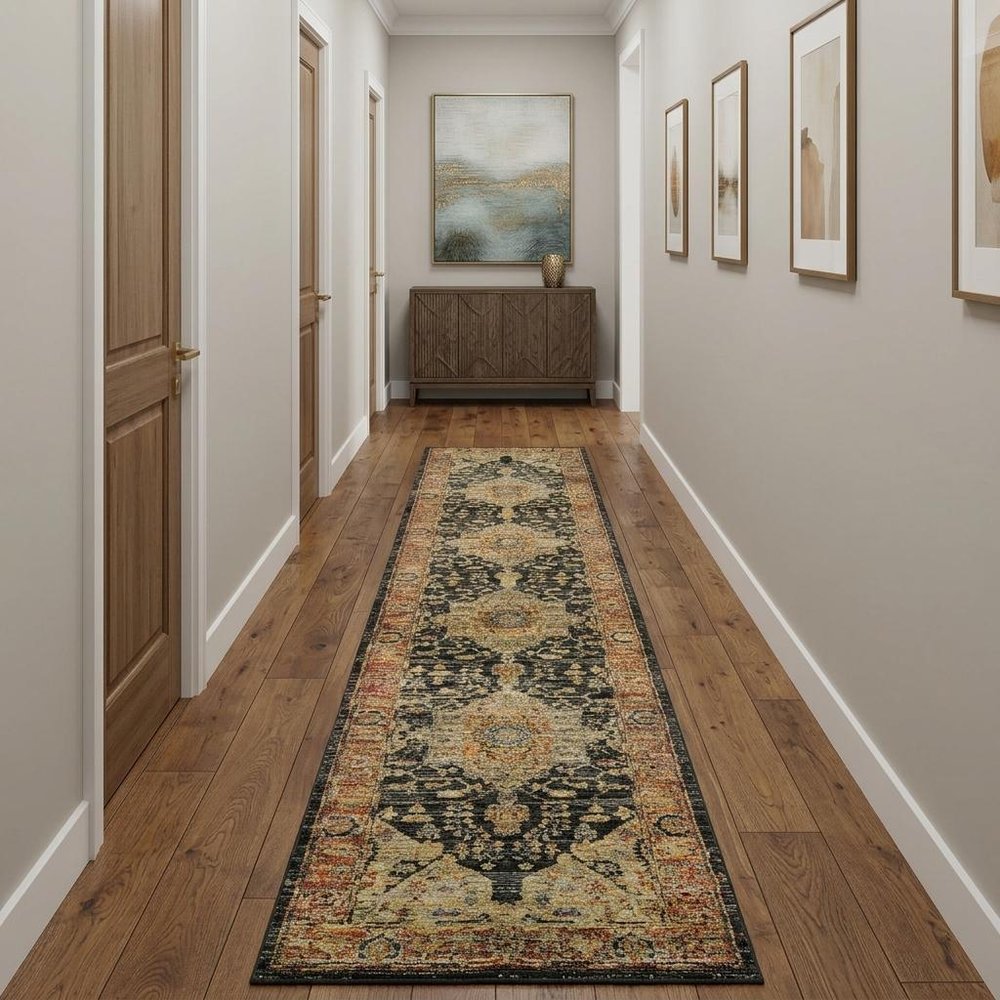 12' Gold And Gray Oriental Runner Rug