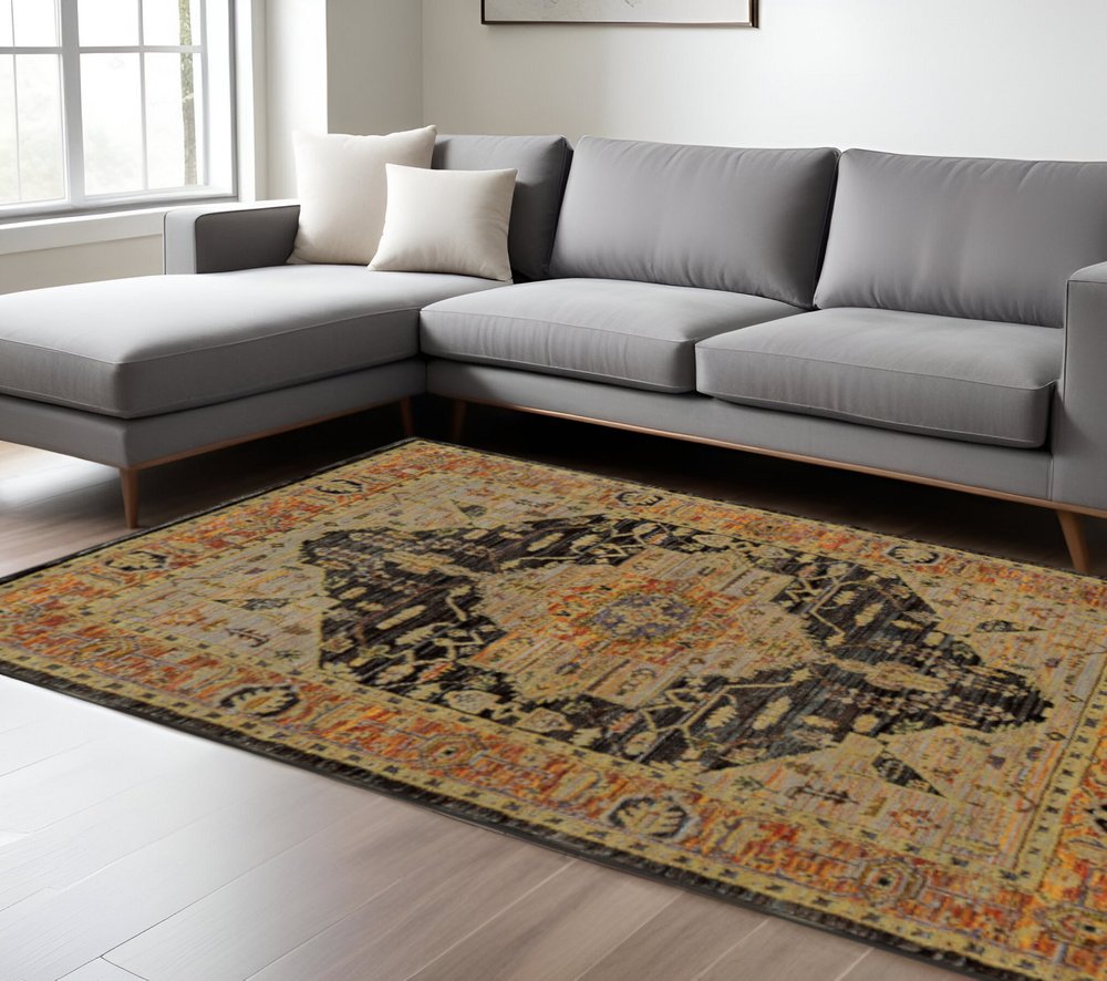 7' X 10' Black and Gold Oriental Power Loom Area Rug