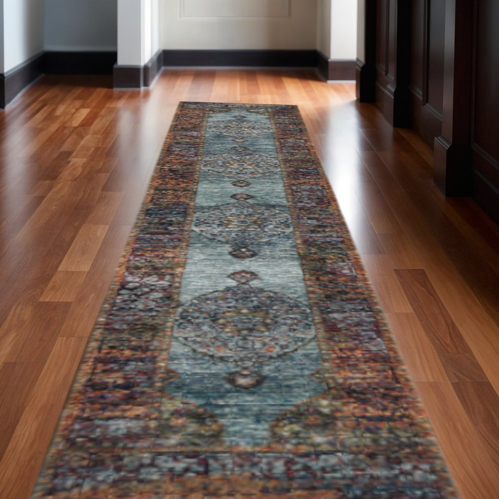 12' Blue And Red Oriental Runner Rug